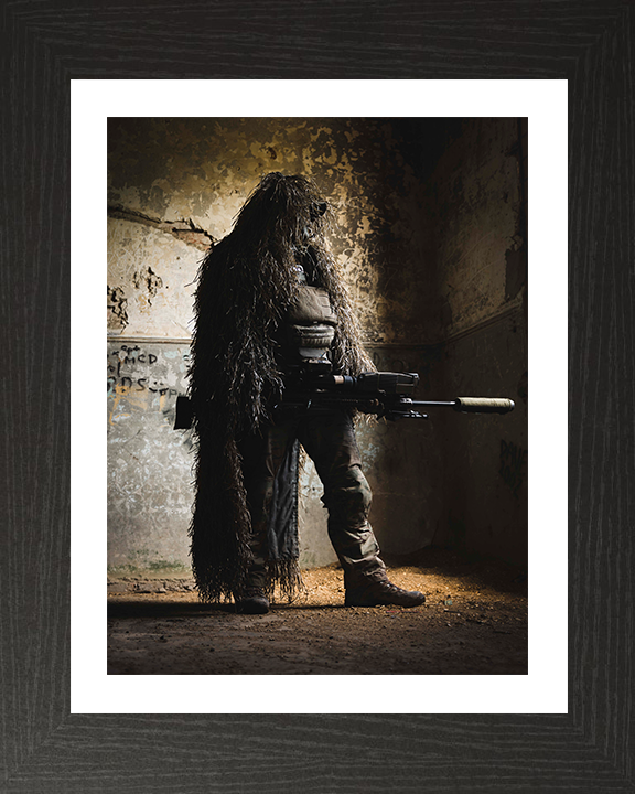 British Army Sniper in a Ghillie suit Photo Print Wall Art Military Decor Poster Posters, Prints, & Visual Artwork Hampshire Prints 10 x 8 Black Frame Yes