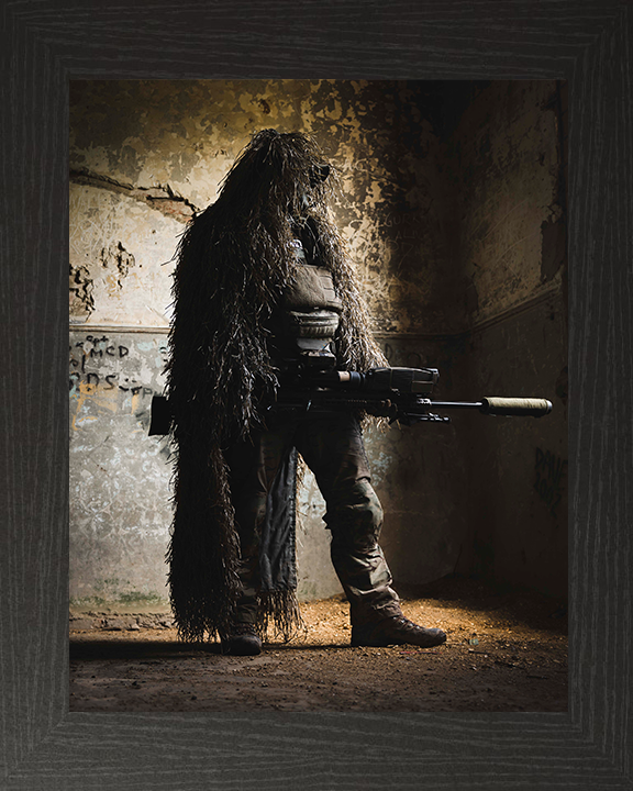 British Army Sniper in a Ghillie suit Photo Print Wall Art Military Decor Poster Posters, Prints, & Visual Artwork Hampshire Prints 10 x 8 Black Frame No