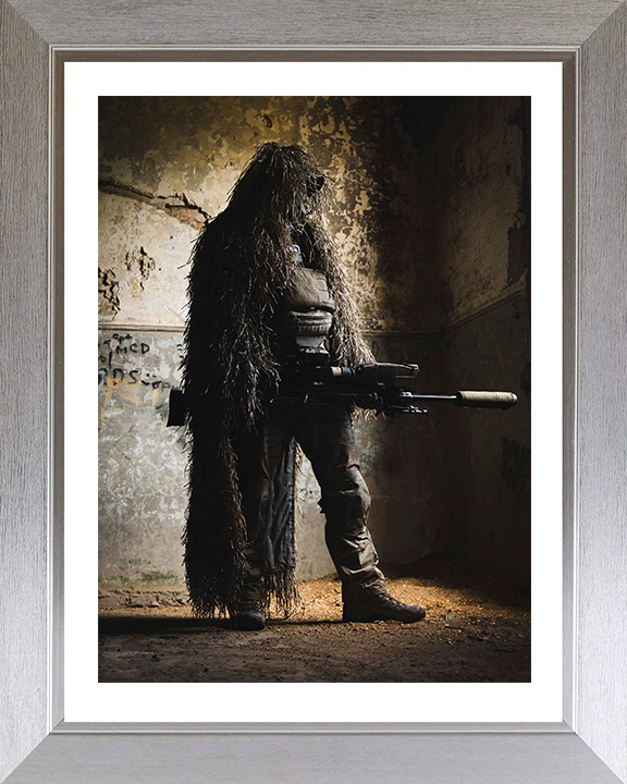 British Army Sniper in a Ghillie suit Photo Print Wall Art Military Decor Poster Posters, Prints, & Visual Artwork Hampshire Prints 10 x 8 Silver Frame Yes