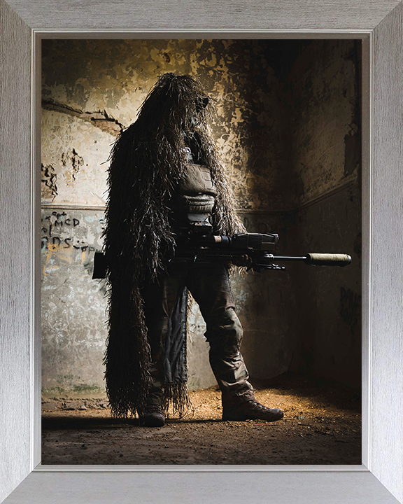 British Army Sniper in a Ghillie suit Photo Print Wall Art Military Decor Poster Posters, Prints, & Visual Artwork Hampshire Prints 10 x 8 Silver Frame No