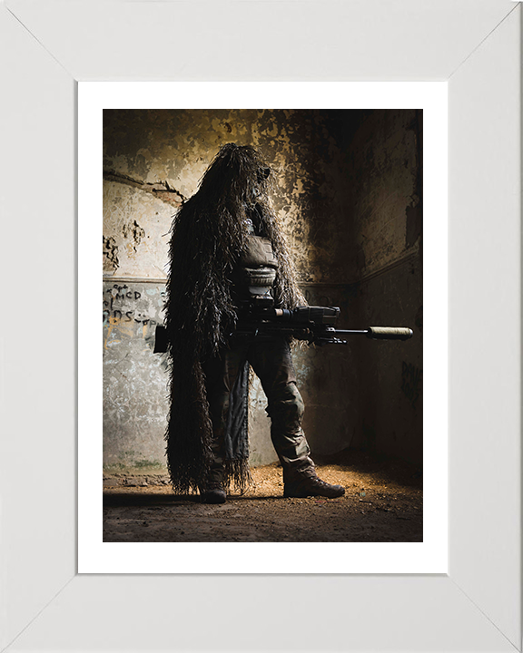 British Army Sniper in a Ghillie suit Photo Print Wall Art Military Decor Poster Posters, Prints, & Visual Artwork Hampshire Prints 10 x 8 White Frame Yes