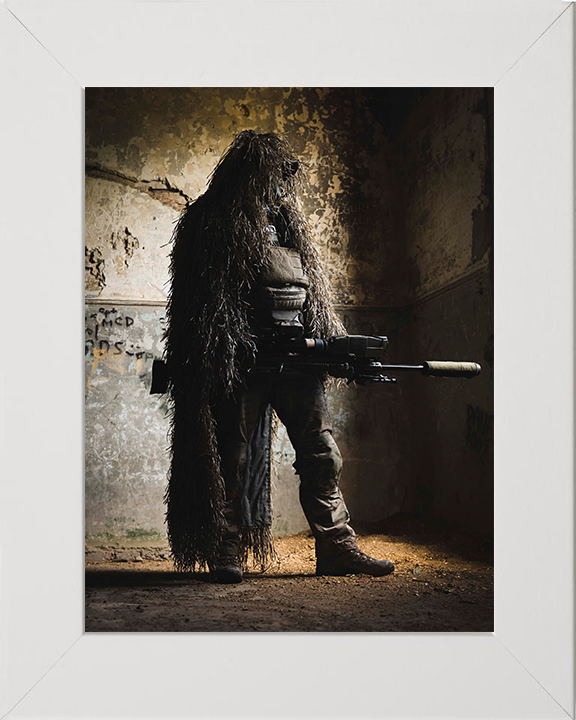 British Army Sniper in a Ghillie suit Photo Print Wall Art Military Decor Poster Posters, Prints, & Visual Artwork Hampshire Prints 10 x 8 White Frame No