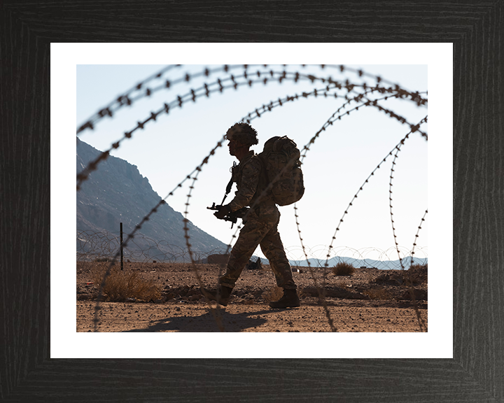 British Army Soldier behind barbed wire Photo Print Wall Art Military Decor Poster Posters, Prints, & Visual Artwork Hampshire Prints 10 x 8 Black Frame Yes