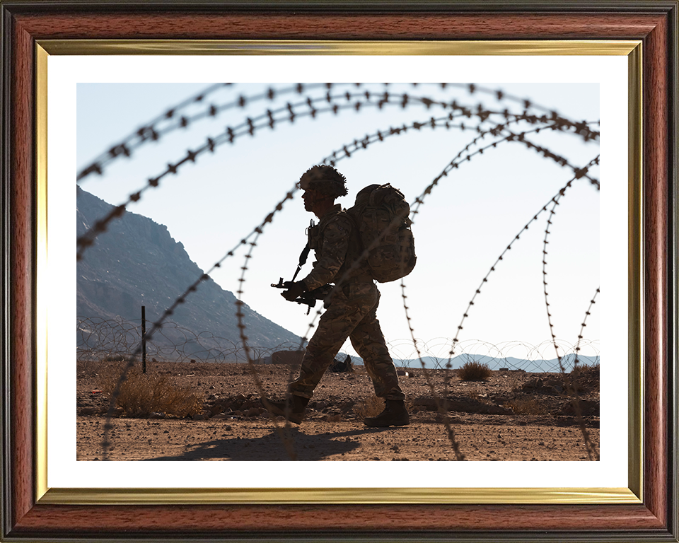 British Army Soldier behind barbed wire Photo Print Wall Art Military Decor Poster Posters, Prints, & Visual Artwork Hampshire Prints 10 x 8 Classic Frame Yes