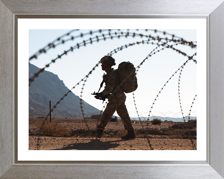 British Army Soldier behind barbed wire Photo Print Wall Art Military Decor Poster Posters, Prints, & Visual Artwork Hampshire Prints 10 x 8 Silver Frame Yes