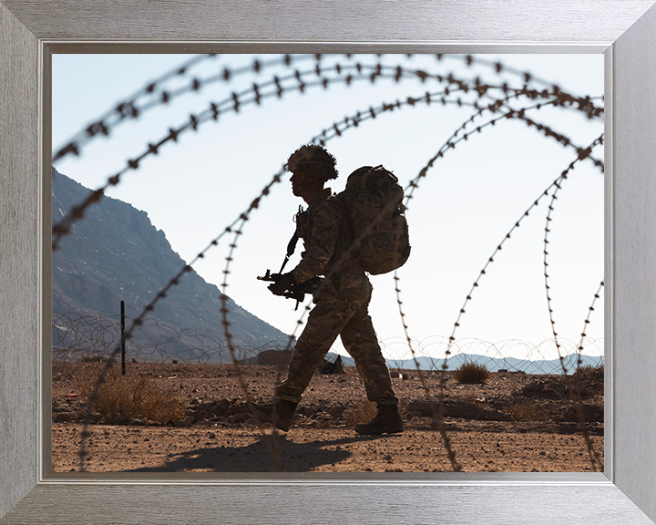 British Army Soldier behind barbed wire Photo Print Wall Art Military Decor Poster Posters, Prints, & Visual Artwork Hampshire Prints 10 x 8 Silver Frame No
