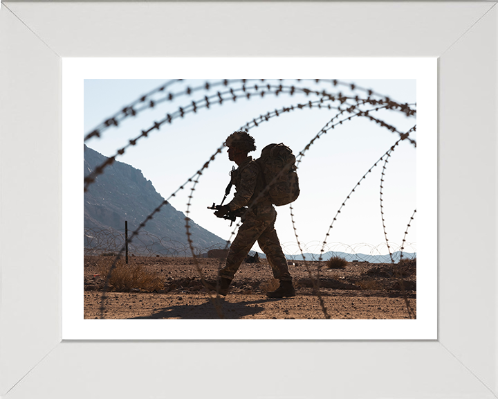 British Army Soldier behind barbed wire Photo Print Wall Art Military Decor Poster Posters, Prints, & Visual Artwork Hampshire Prints 10 x 8 White Frame Yes