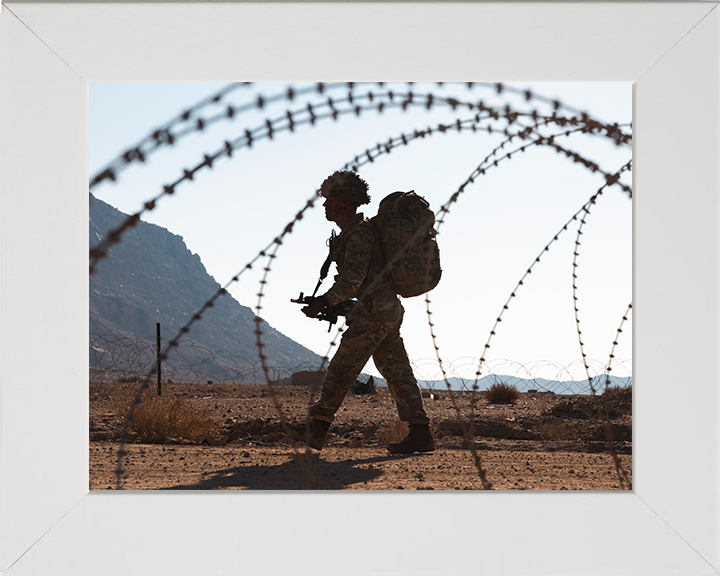 British Army Soldier behind barbed wire Photo Print Wall Art Military Decor Poster Posters, Prints, & Visual Artwork Hampshire Prints 10 x 8 White Frame No