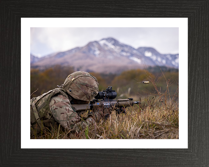 British Army Soldier Firing a L129A1 sharpshooter rifle Photo Print Wall Art Military Decor Posters, Prints, & Visual Artwork Hampshire Prints 10 x 8 Black Frame Yes