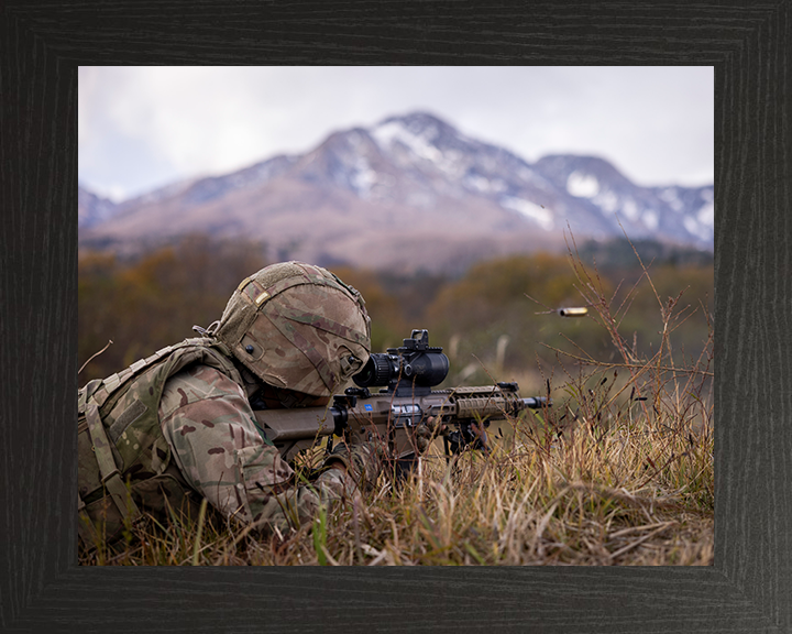 British Army Soldier Firing a L129A1 sharpshooter rifle Photo Print Wall Art Military Decor Posters, Prints, & Visual Artwork Hampshire Prints 10 x 8 Black Frame No