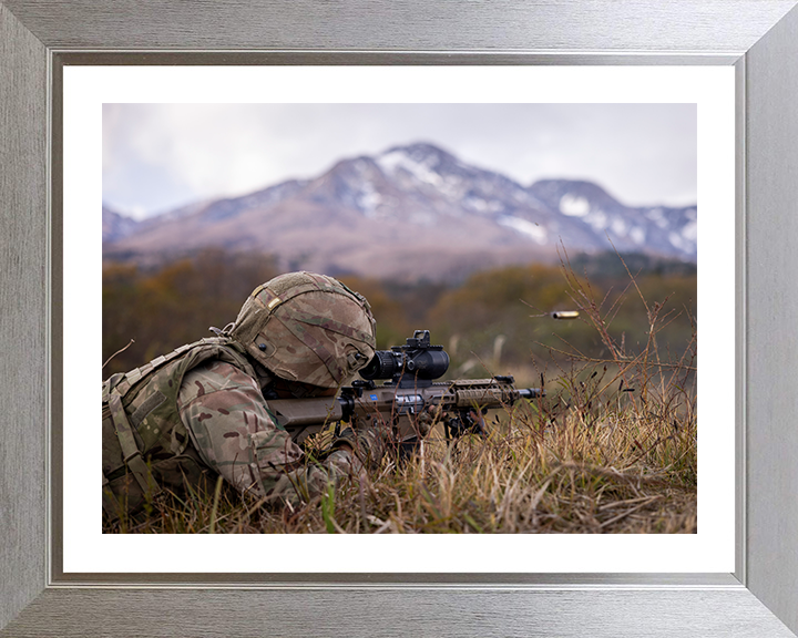 British Army Soldier Firing a L129A1 sharpshooter rifle Photo Print Wall Art Military Decor Posters, Prints, & Visual Artwork Hampshire Prints 10 x 8 Silver Frame Yes