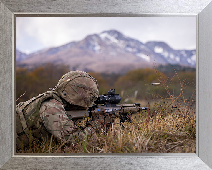 British Army Soldier Firing a L129A1 sharpshooter rifle Photo Print Wall Art Military Decor Posters, Prints, & Visual Artwork Hampshire Prints 10 x 8 Silver Frame No
