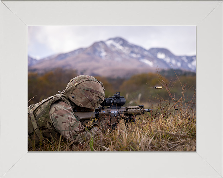 British Army Soldier Firing a L129A1 sharpshooter rifle Photo Print Wall Art Military Decor Posters, Prints, & Visual Artwork Hampshire Prints 10 x 8 White Frame No