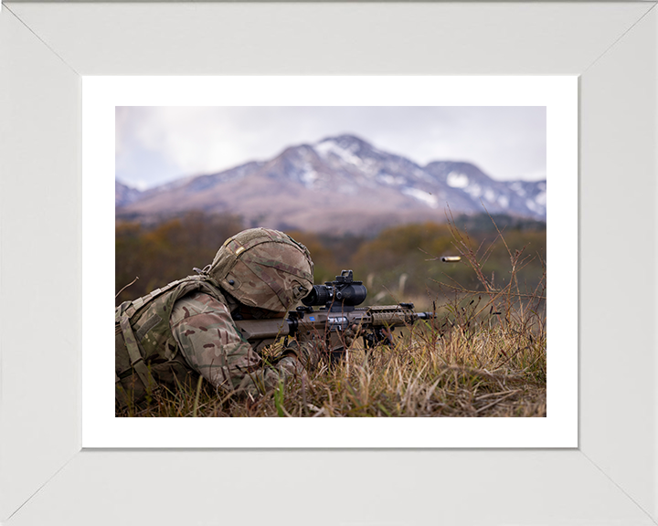 British Army Soldier Firing a L129A1 sharpshooter rifle Photo Print Wall Art Military Decor Posters, Prints, & Visual Artwork Hampshire Prints 10 x 8 White Frame Yes