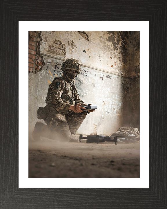 British Army Soldier Flies a drone Photo Print Wall Art Military Decor Poster Posters, Prints, & Visual Artwork Hampshire Prints 10 x 8 Black Frame Yes