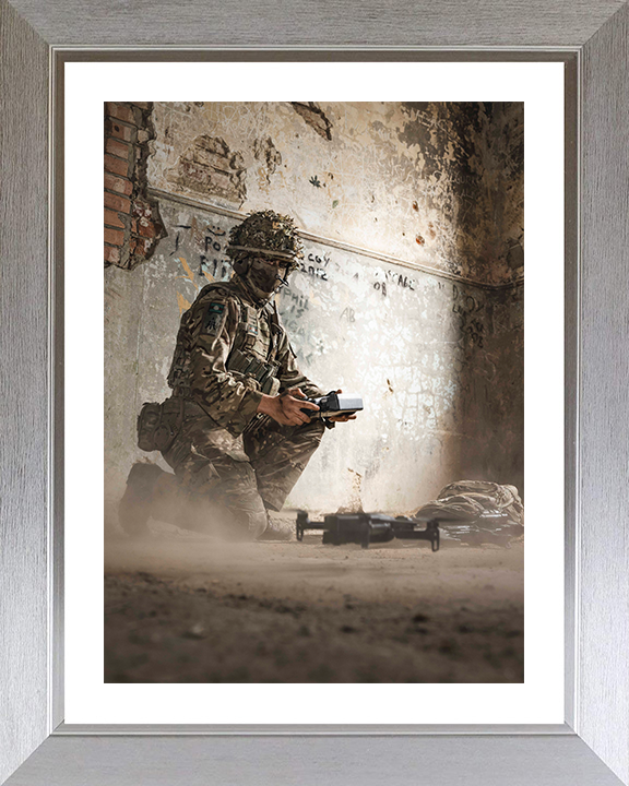 British Army Soldier Flies a drone Photo Print Wall Art Military Decor Poster Posters, Prints, & Visual Artwork Hampshire Prints 10 x 8 Silver Frame Yes