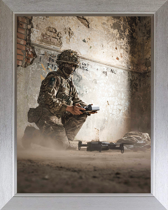 British Army Soldier Flies a drone Photo Print Wall Art Military Decor Poster Posters, Prints, & Visual Artwork Hampshire Prints 10 x 8 Silver Frame No