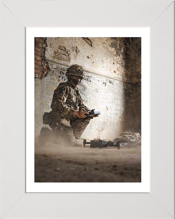 British Army Soldier Flies a drone Photo Print Wall Art Military Decor Poster Posters, Prints, & Visual Artwork Hampshire Prints 10 x 8 White Frame Yes