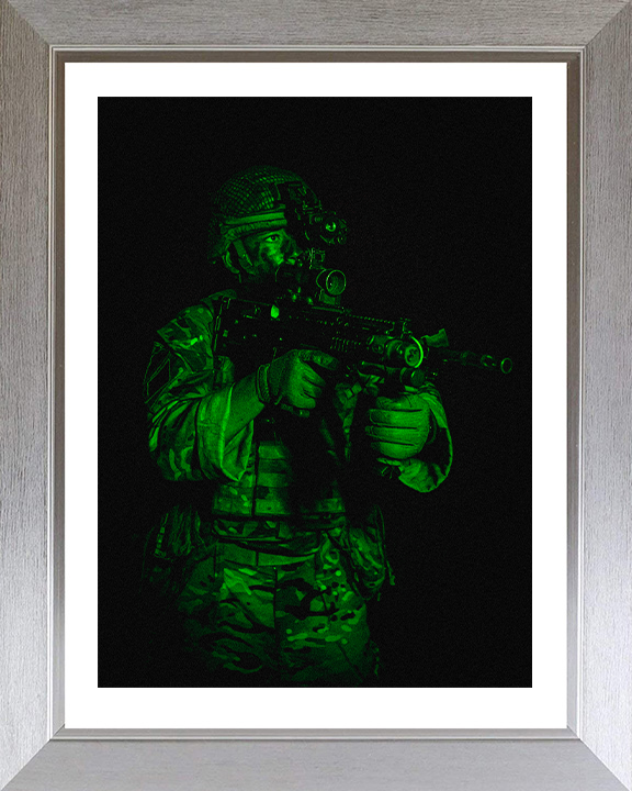British Army Soldier Green Light Portrait Photo Print Wall Art Military Decor Poster Posters, Prints, & Visual Artwork Hampshire Prints 10 x 8 Silver Frame Yes