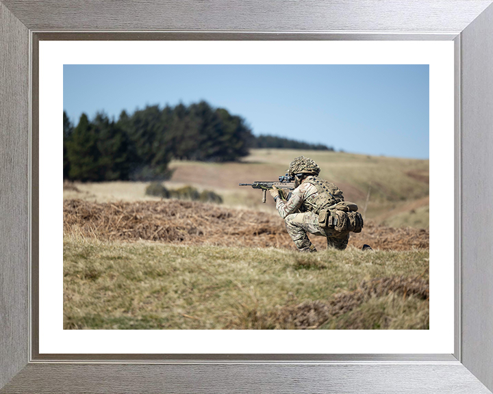British Army Soldier Kneeling and Firing Photo Print Wall Art Military Decor Poster Posters, Prints, & Visual Artwork Hampshire Prints 10 x 8 Silver Frame Yes