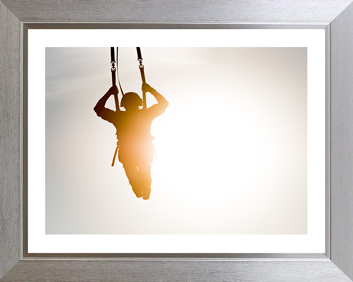 British Army Soldier Parachuting at sunset Photo Print Wall Art Military Decor Poster Posters, Prints, & Visual Artwork Hampshire Prints 10 x 8 Silver Frame Yes