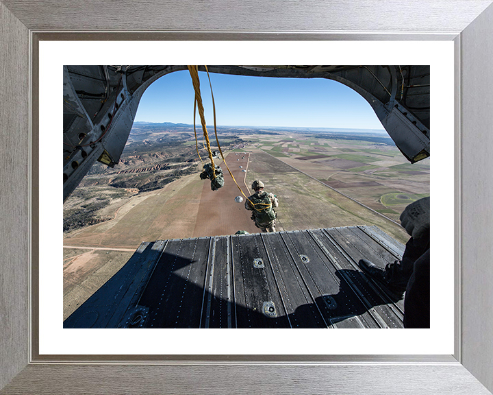 British Army Soldier Parachuting from a Chinook Helicopter Photo Print Wall Art Military Decor Posters, Prints, & Visual Artwork Hampshire Prints 10 x 8 Silver Frame Yes