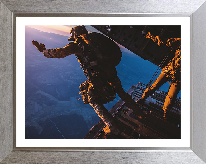 British Army Soldier Parachuting over Estonia Photo Print Wall Art Military Decor Posters, Prints, & Visual Artwork Hampshire Prints 10 x 8 Silver Frame Yes