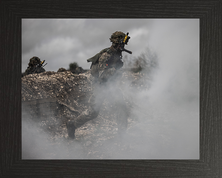 British Army Soldier running through smoke Photo Print Wall Art Military Decor Posters, Prints, & Visual Artwork Hampshire Prints 10 x 8 Black Frame No