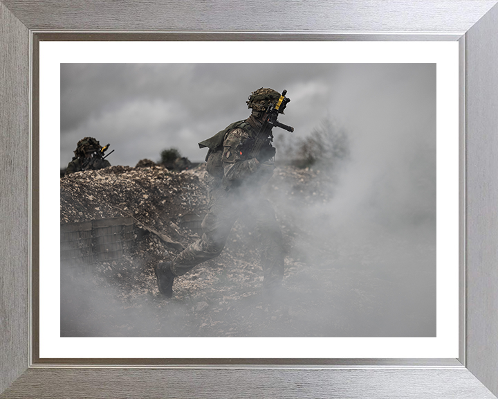 British Army Soldier running through smoke Photo Print Wall Art Military Decor Posters, Prints, & Visual Artwork Hampshire Prints 10 x 8 Silver Frame Yes