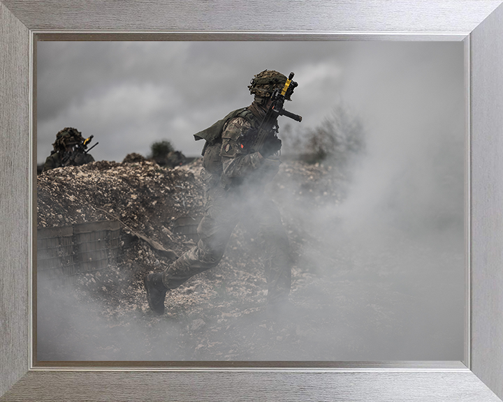 British Army Soldier running through smoke Photo Print Wall Art Military Decor Posters, Prints, & Visual Artwork Hampshire Prints 10 x 8 Silver Frame No