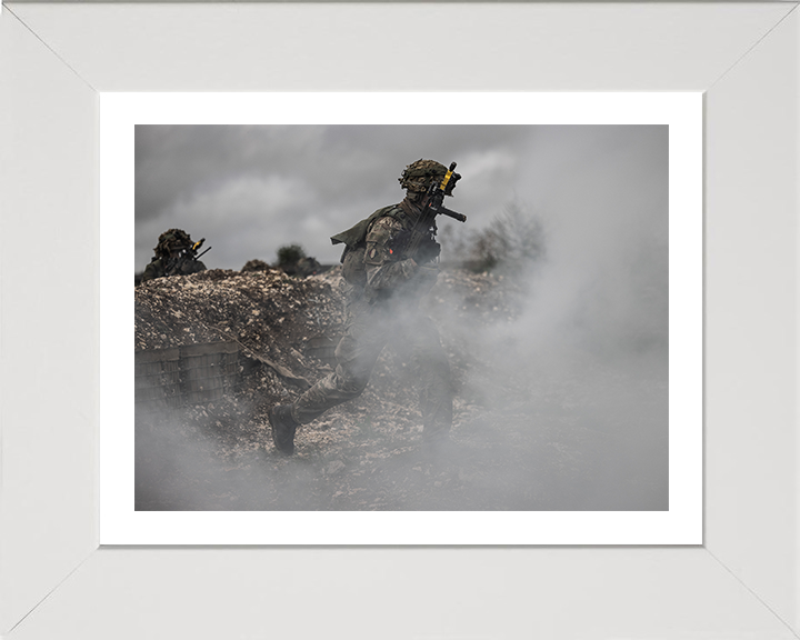 British Army Soldier running through smoke Photo Print Wall Art Military Decor Posters, Prints, & Visual Artwork Hampshire Prints 10 x 8 White Frame Yes