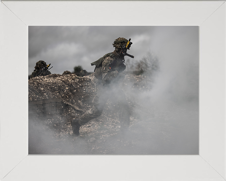 British Army Soldier running through smoke Photo Print Wall Art Military Decor Posters, Prints, & Visual Artwork Hampshire Prints 10 x 8 White Frame No