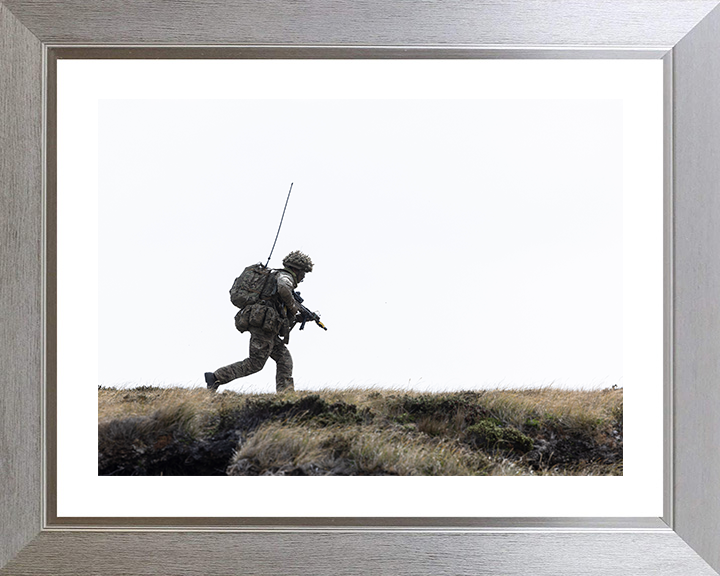 British Army Soldier Running with Rifle Photo Print Wall Art Military Decor Poster Posters, Prints, & Visual Artwork Hampshire Prints 10 x 8 Silver Frame Yes