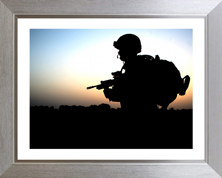 British Army Soldier Silhouette at sunset Photo Print Wall Art Military Decor Posters, Prints, & Visual Artwork Hampshire Prints 10 x 8 Silver Frame Yes