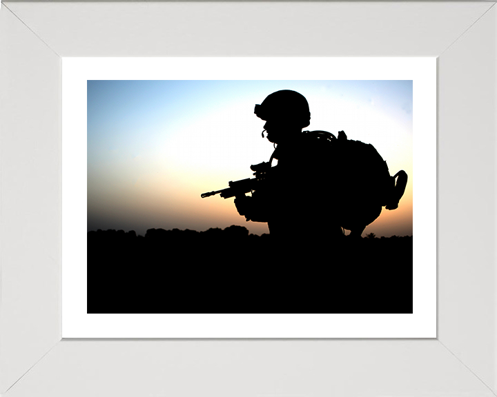British Army Soldier Silhouette at sunset Photo Print Wall Art Military Decor Posters, Prints, & Visual Artwork Hampshire Prints 10 x 8 White Frame Yes