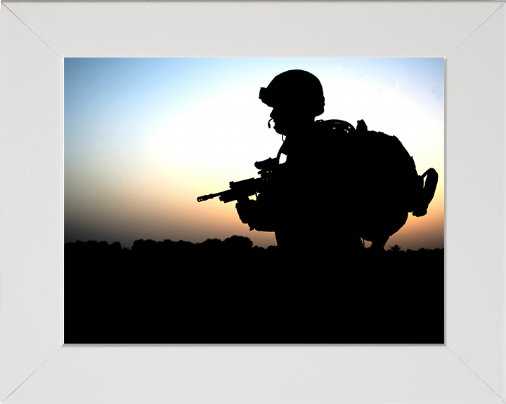 British Army Soldier Silhouette at sunset Photo Print Wall Art Military Decor Posters, Prints, & Visual Artwork Hampshire Prints 10 x 8 White Frame No