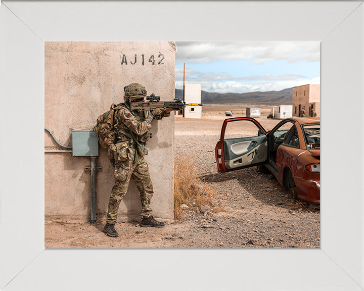Rifleman with rifle in the supporting standing position Photo Print - British Army Posters, Prints, & Visual Artwork Hampshire Prints 10 x 8 White Frame No