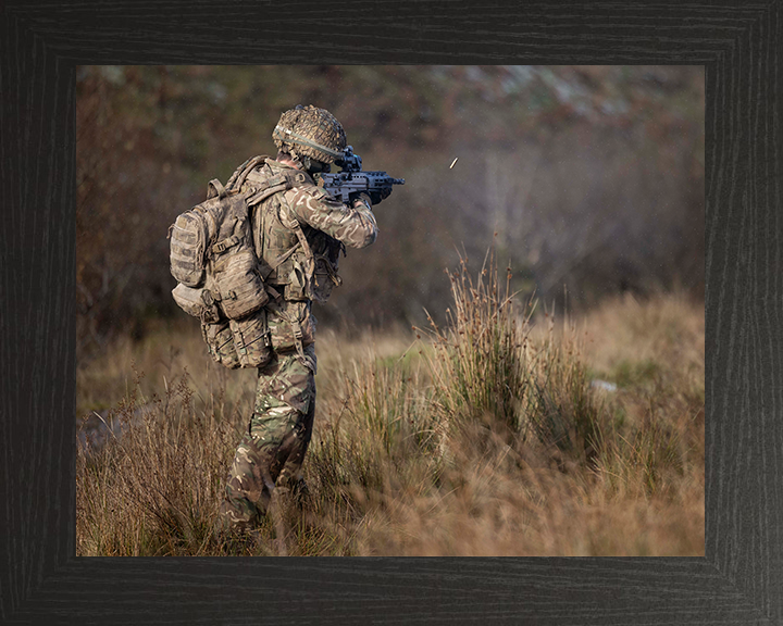 British Army Soldier firing an SA80-A3 rifle Photo Print Wall Art Military Decor Posters, Prints, & Visual Artwork Hampshire Prints 10 x 8 Black Frame No