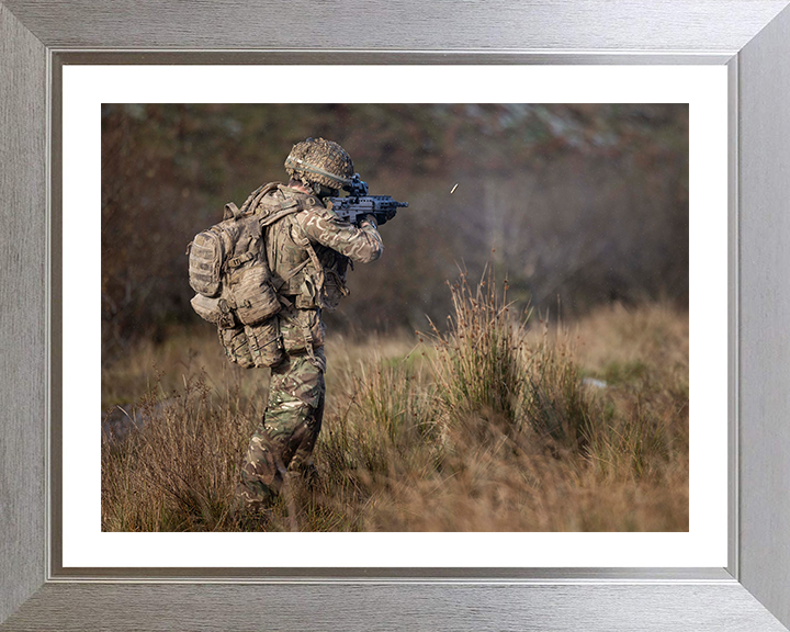 British Army Soldier firing an SA80-A3 rifle Photo Print Wall Art Military Decor Posters, Prints, & Visual Artwork Hampshire Prints 10 x 8 Silver Frame Yes