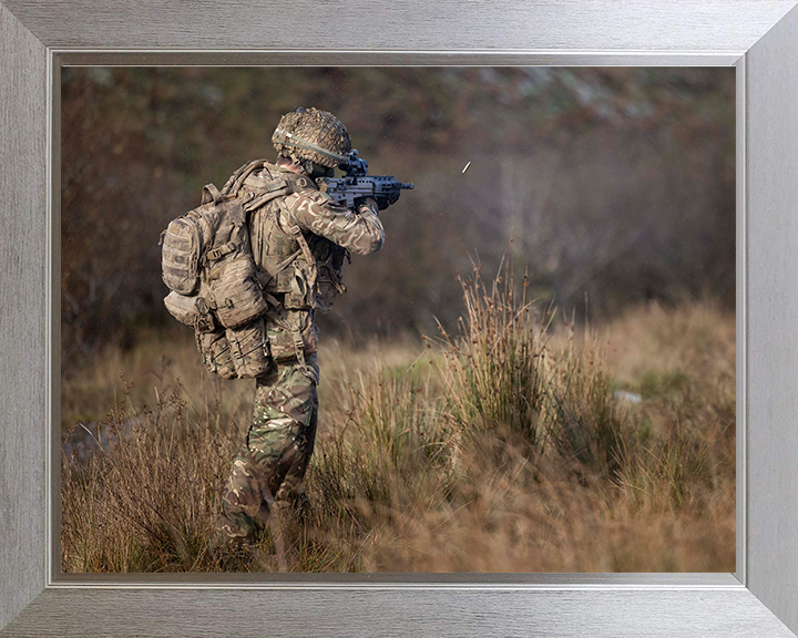 British Army Soldier firing an SA80-A3 rifle Photo Print Wall Art Military Decor Posters, Prints, & Visual Artwork Hampshire Prints 10 x 8 Silver Frame No