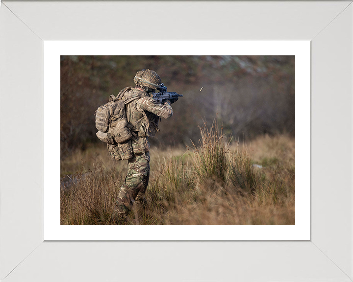 British Army Soldier firing an SA80-A3 rifle Photo Print Wall Art Military Decor Posters, Prints, & Visual Artwork Hampshire Prints 10 x 8 White Frame Yes
