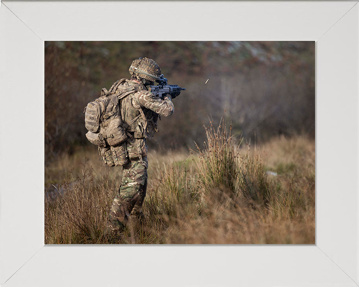 British Army Soldier firing an SA80-A3 rifle Photo Print Wall Art Military Decor Posters, Prints, & Visual Artwork Hampshire Prints 10 x 8 White Frame No