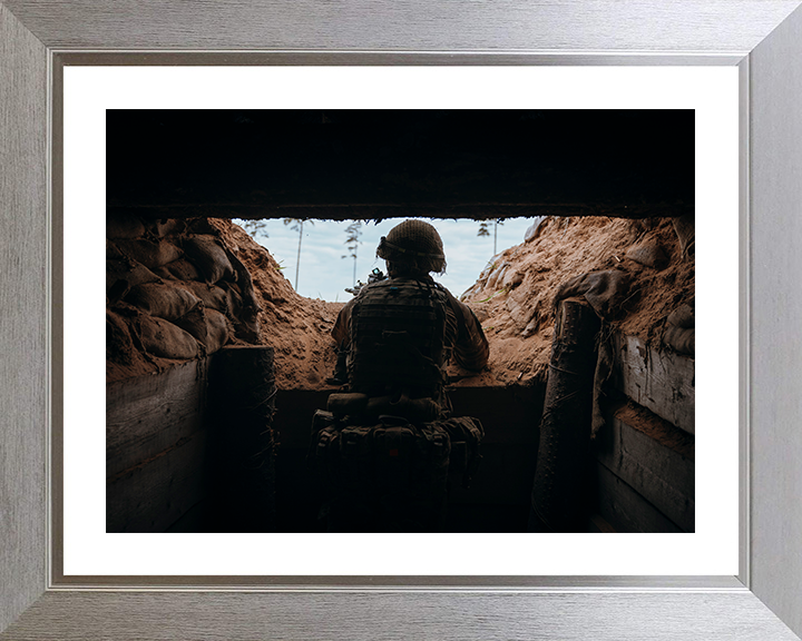 British Army Soldier in a Trench Photo Print Wall Art Military Decor Poster Posters, Prints, & Visual Artwork Hampshire Prints 10 x 8 Silver Frame Yes