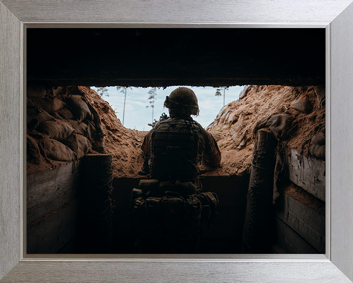 British Army Soldier in a Trench Photo Print Wall Art Military Decor Poster Posters, Prints, & Visual Artwork Hampshire Prints 10 x 8 Silver Frame No