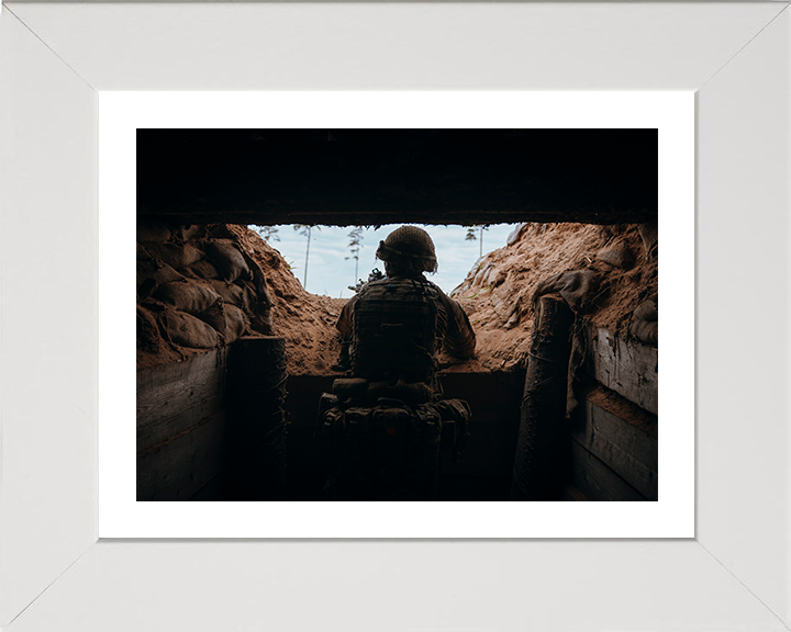 British Army Soldier in a Trench Photo Print Wall Art Military Decor Poster Posters, Prints, & Visual Artwork Hampshire Prints 10 x 8 White Frame Yes