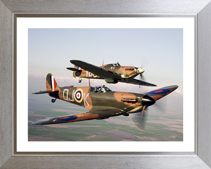 RAF Spitfire and Hurrincane in flight Photo Print Royal Air Force Aircraft Wall Art Aviation Decor Poster Posters, Prints, & Visual Artwork Hampshire Prints 10 x 8 Silver Frame Yes
