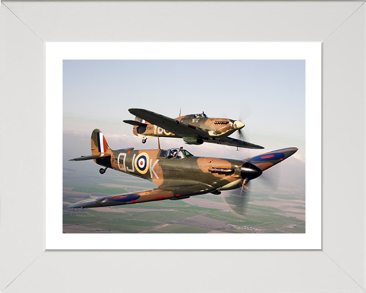 RAF Spitfire and Hurrincane in flight Photo Print Royal Air Force Aircraft Wall Art Aviation Decor Poster Posters, Prints, & Visual Artwork Hampshire Prints 10 x 8 White Frame Yes