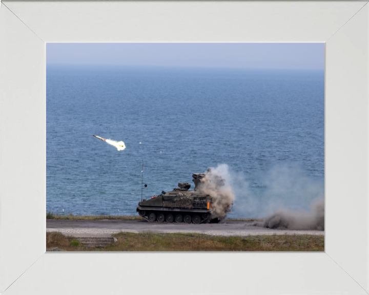 Stormer combat vehicle firing a missile British Army Vehicle Photo Print Wall Art Military Decor UK Posters, Prints, & Visual Artwork Hampshire Prints 10 x 8 White Frame No
