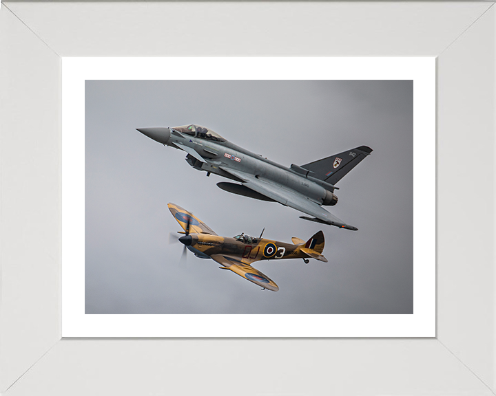 RAF Typhoon FGR4 and RAF Spitfire in flight Photo Print Royal Air Force Aircraft Wall Art Aviation Decor Posters, Prints, & Visual Artwork Hampshire Prints 10 x 8 White Frame Yes