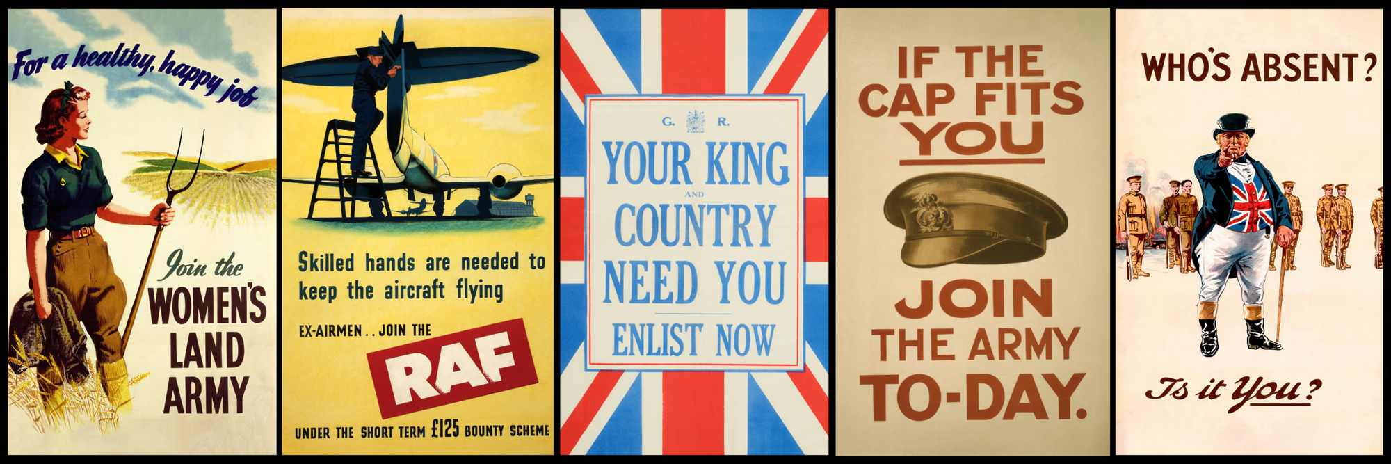 Collection of vintage World War one and World War Two propaganda posters with different messages and designs.